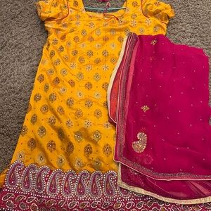 Pink and yellow suit with heavy embroidery and pure dupatta